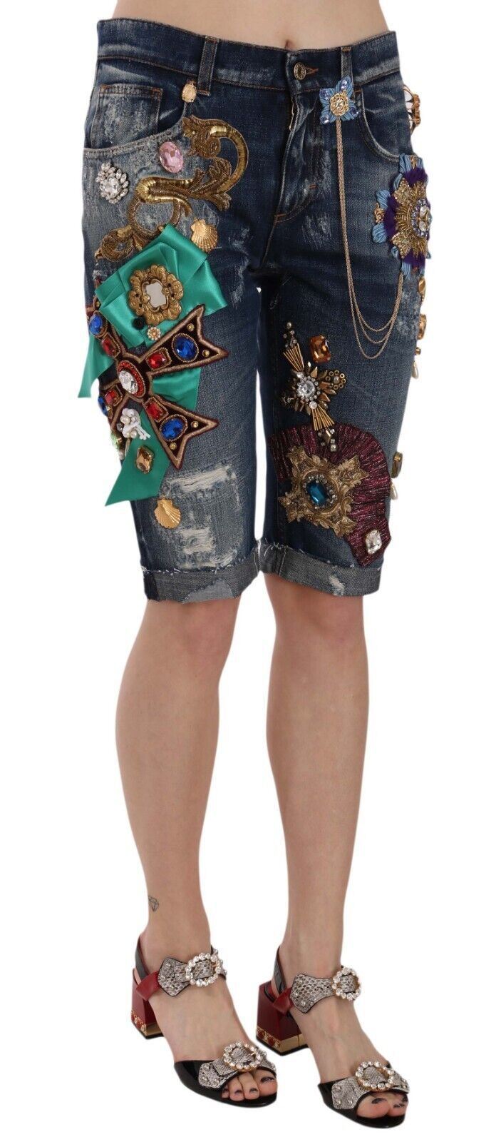 Dolce &amp; Gabbana Elegante knielange, verzierte Jeansshorts