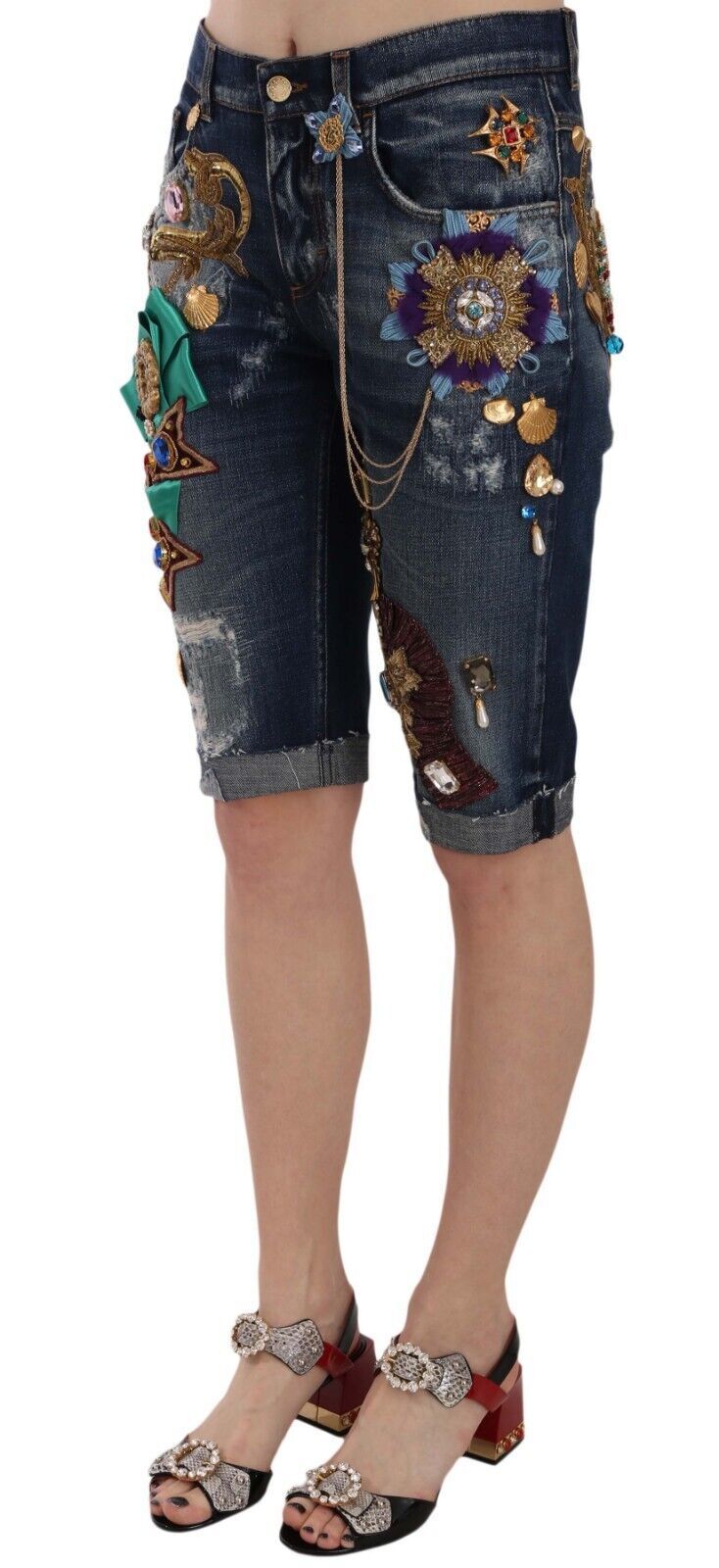 Dolce &amp; Gabbana Elegante knielange, verzierte Jeansshorts