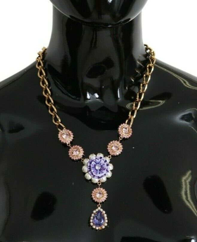 Dolce &amp; Gabbana Elegante Halskette mit Blumenanhänger und goldenem Kristall