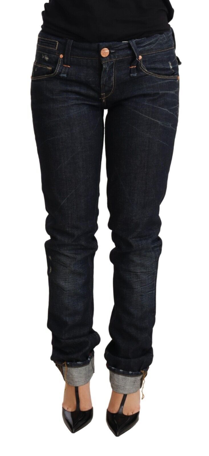 Acht Elegante Low Waist Skinny Dunkelblaue Jeans