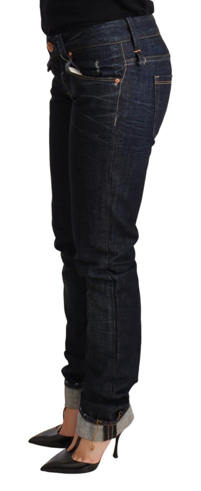 Acht Elegante Low Waist Skinny Dunkelblaue Jeans
