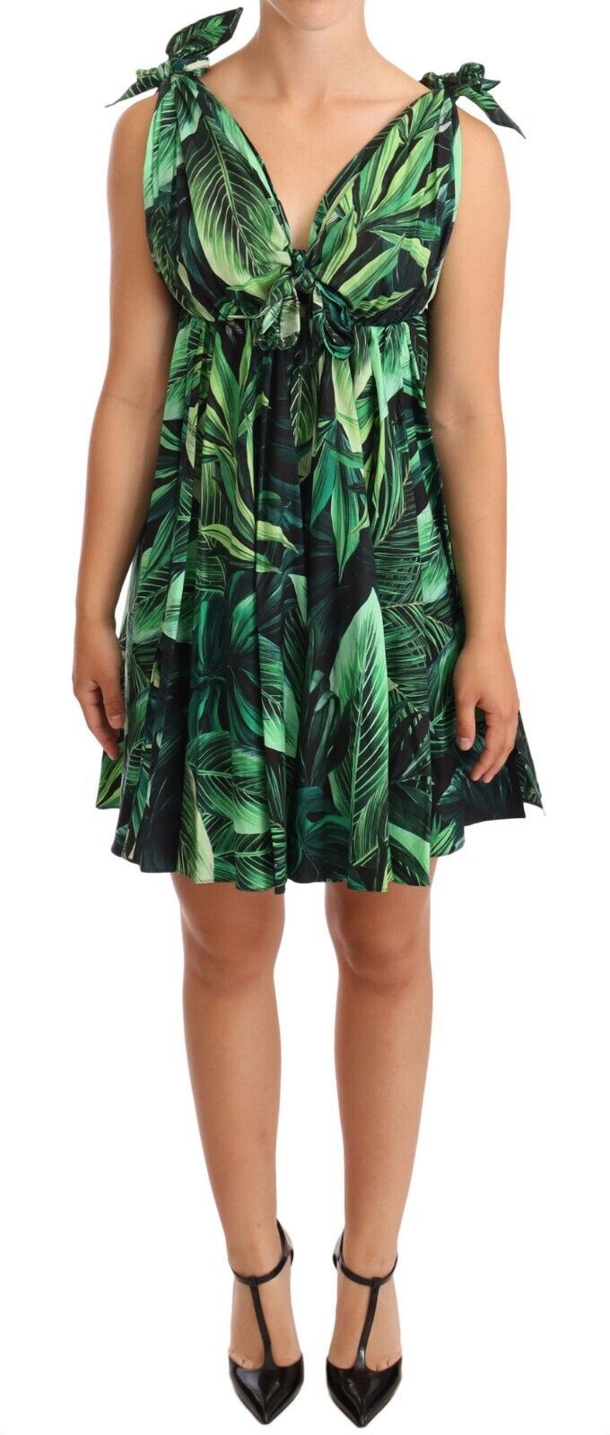 Dolce &amp; Gabbana – Elegantes ausgestelltes Mini-A-Linien-Kleid mit grünem Blätterdruck