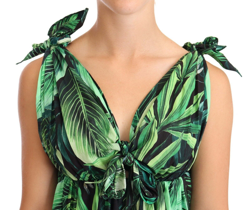 Dolce &amp; Gabbana – Elegantes ausgestelltes Mini-A-Linien-Kleid mit grünem Blätterdruck