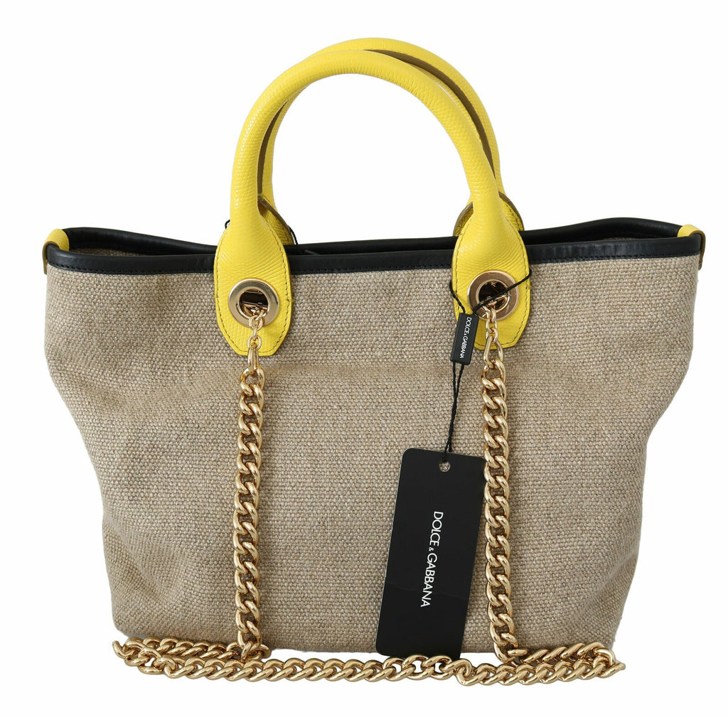 Dolce &amp; Gabbana Beige Leinen-Kalbs-Tasche mit Goldkette