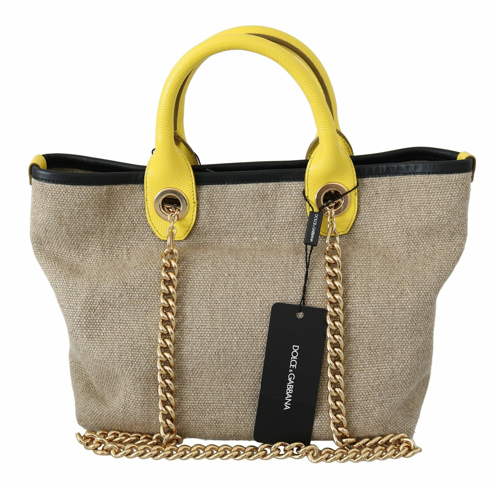 Dolce &amp; Gabbana Beige Leinen-Kalbs-Tasche mit Goldkette