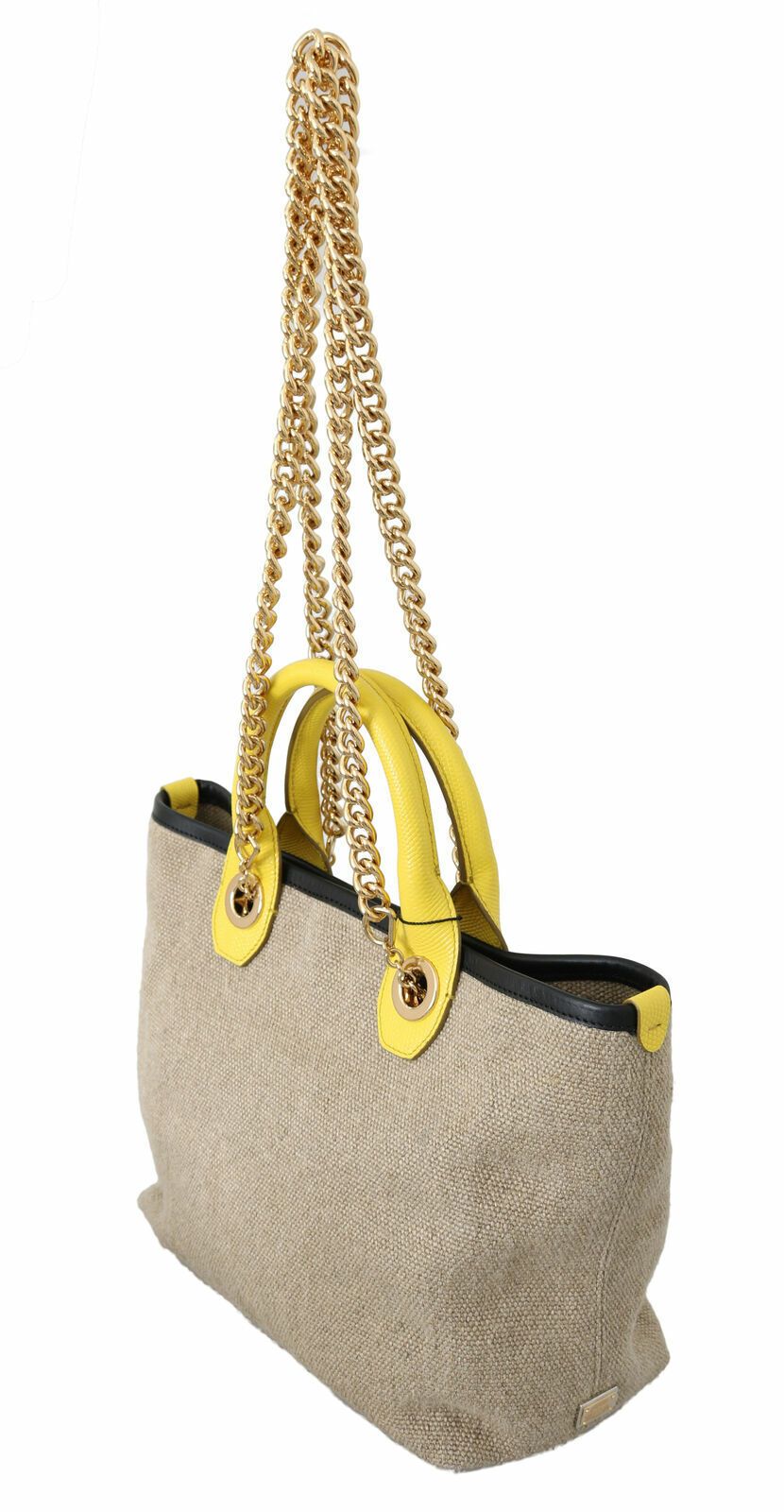 Dolce &amp; Gabbana Beige Leinen-Kalbs-Tasche mit Goldkette