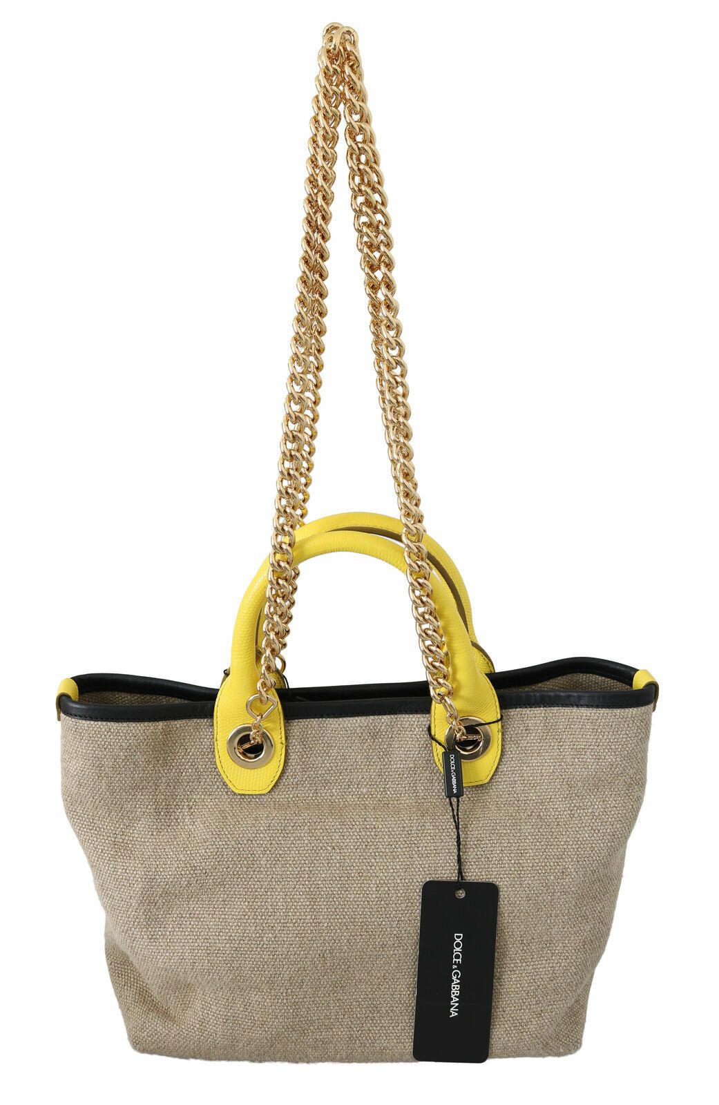 Dolce &amp; Gabbana Beige Leinen-Kalbs-Tasche mit Goldkette