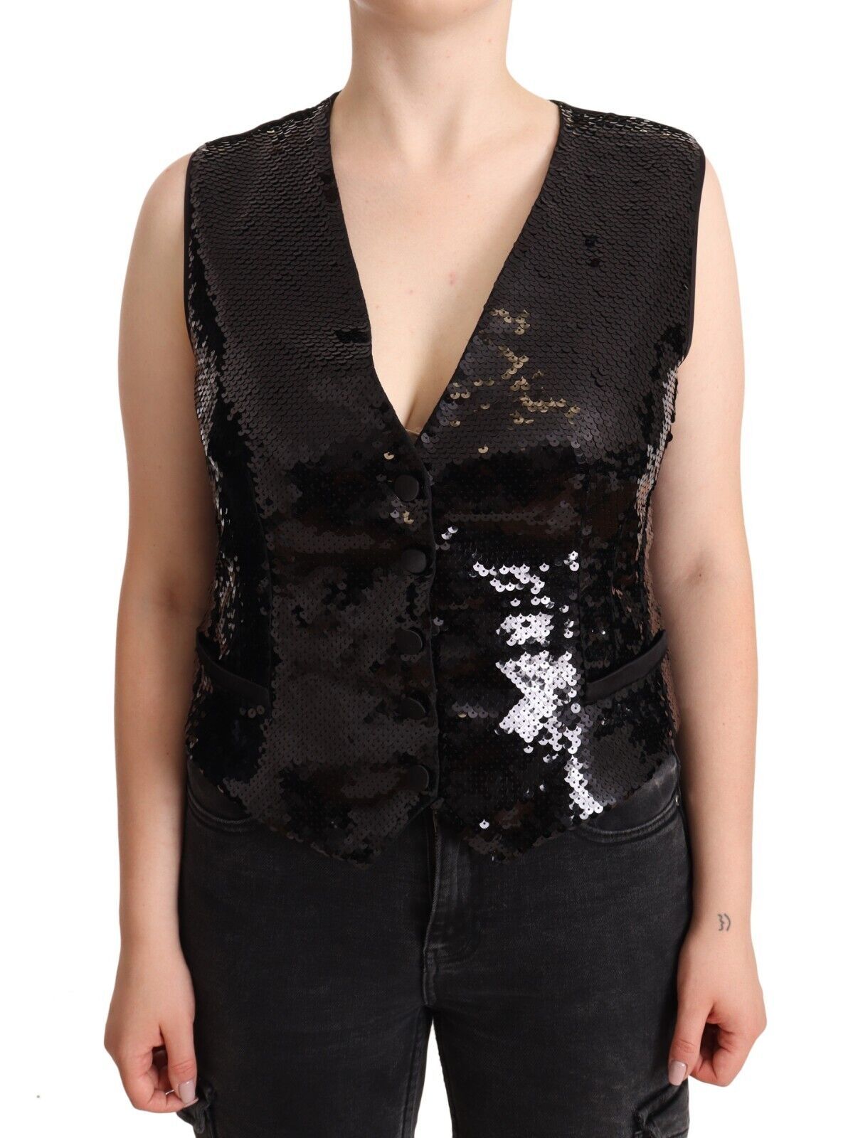 Dolce &amp; Gabbana – Elegantes, schwarzes, ärmelloses Westentop mit Pailletten