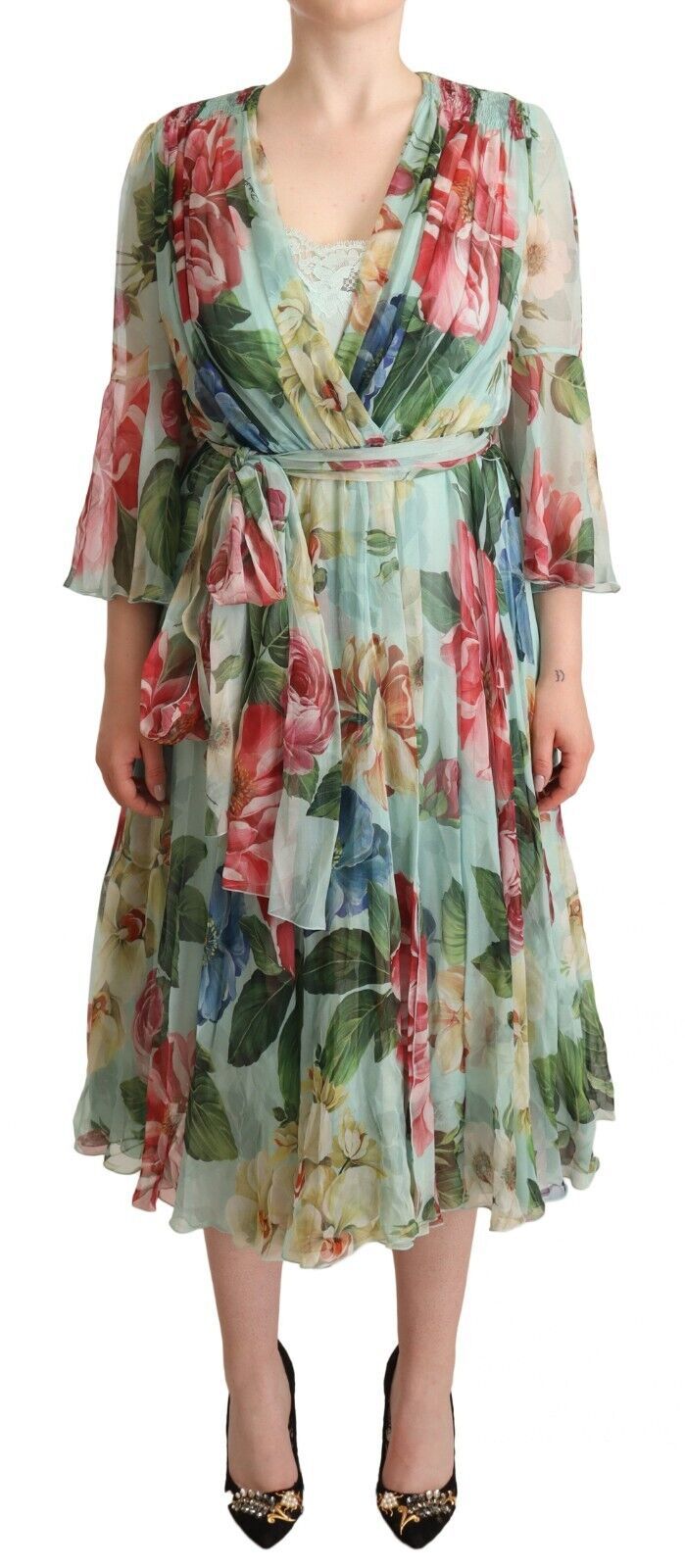 Dolce &amp; Gabbana – Elegantes, grünes Midikleid aus Seide mit Blumenmuster