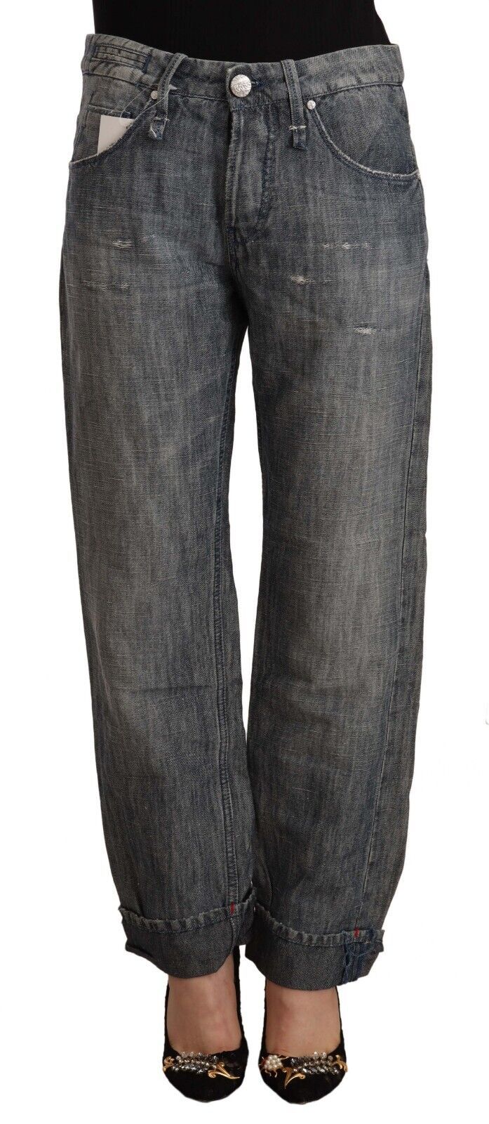 Acht Chic Graue Straight Cut Ramie-Baumwolljeans