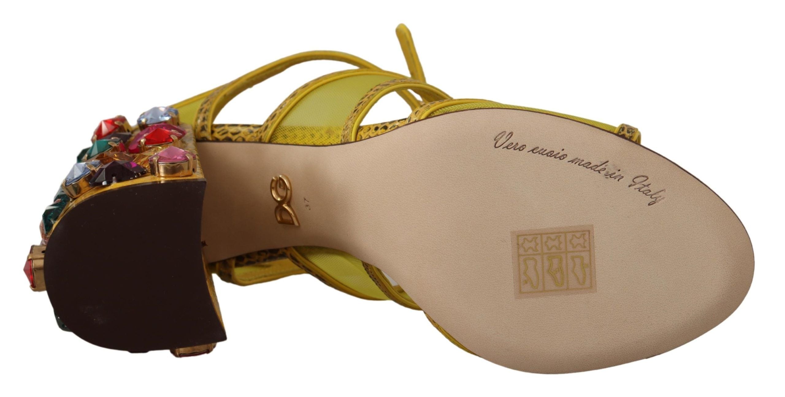 Dolce &amp; Gabbana – Atemberaubende Sandalen aus gelbem Leder mit Kristallverzierung