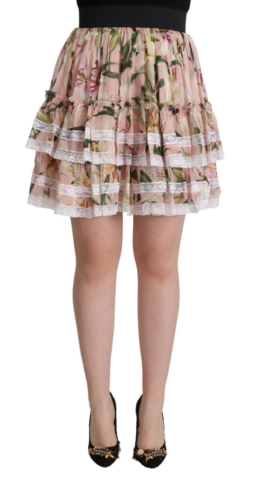 Dolce &amp; Gabbana – Eleganter, gestufter Minirock in A-Linie mit Lilien-Print