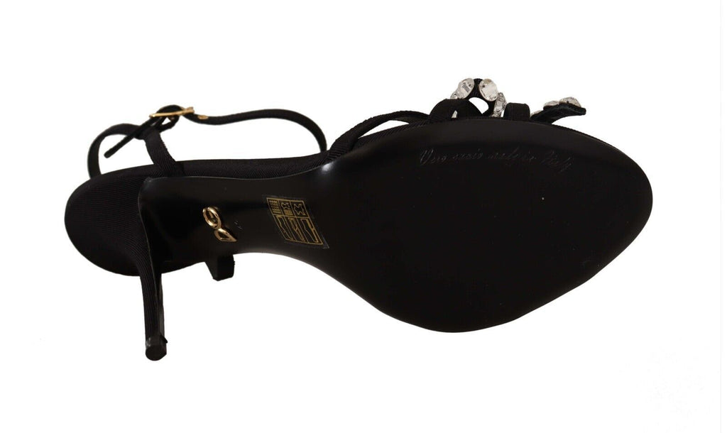 Dolce &amp; Gabbana Elegante schwarze Viskose-Sandalen mit Knöchelriemen und Kristallen