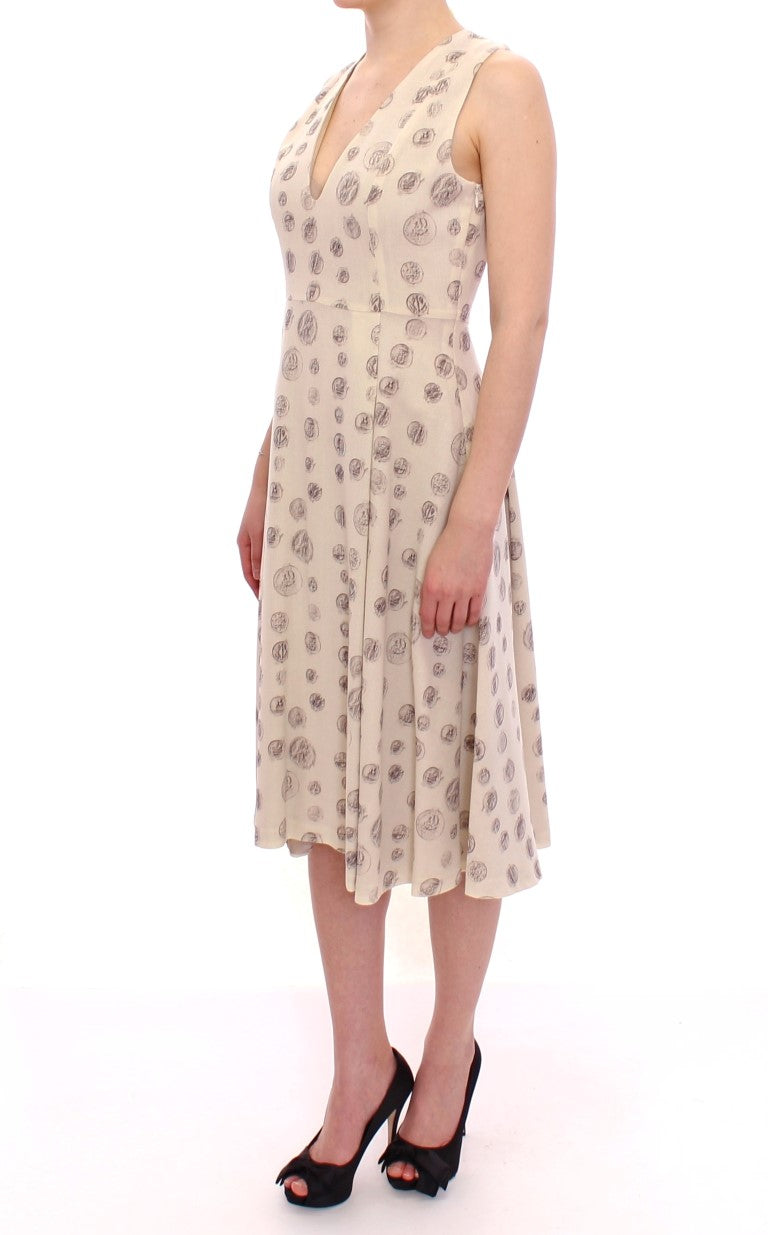 Andrea Incontri Elegantes weißes Woll-Etuikleid mit grauem Aufdruck