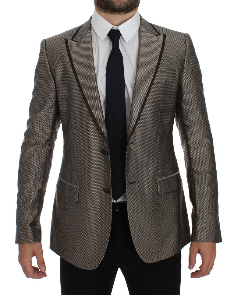 Dolce &amp; Gabbana – Eleganter schmaler Blazer aus brauner Seide mit zwei Knöpfen