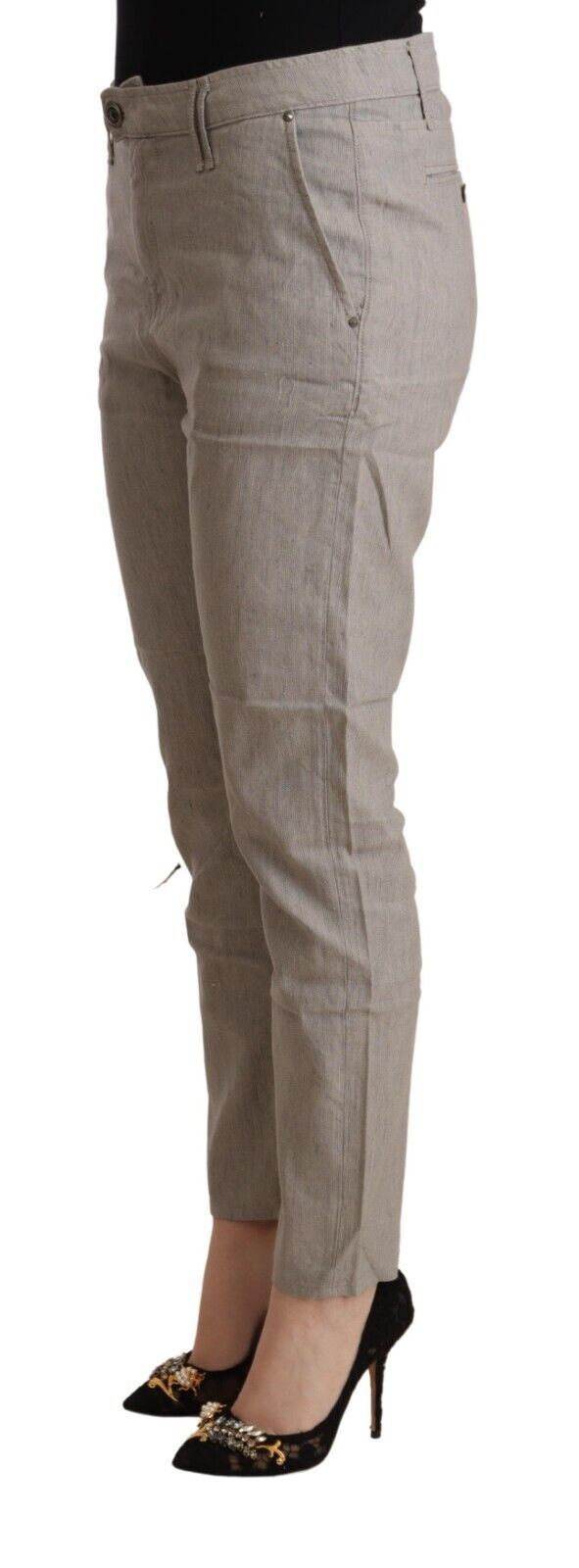 CYCLE Elegante hellgraue, konische Leinenhose