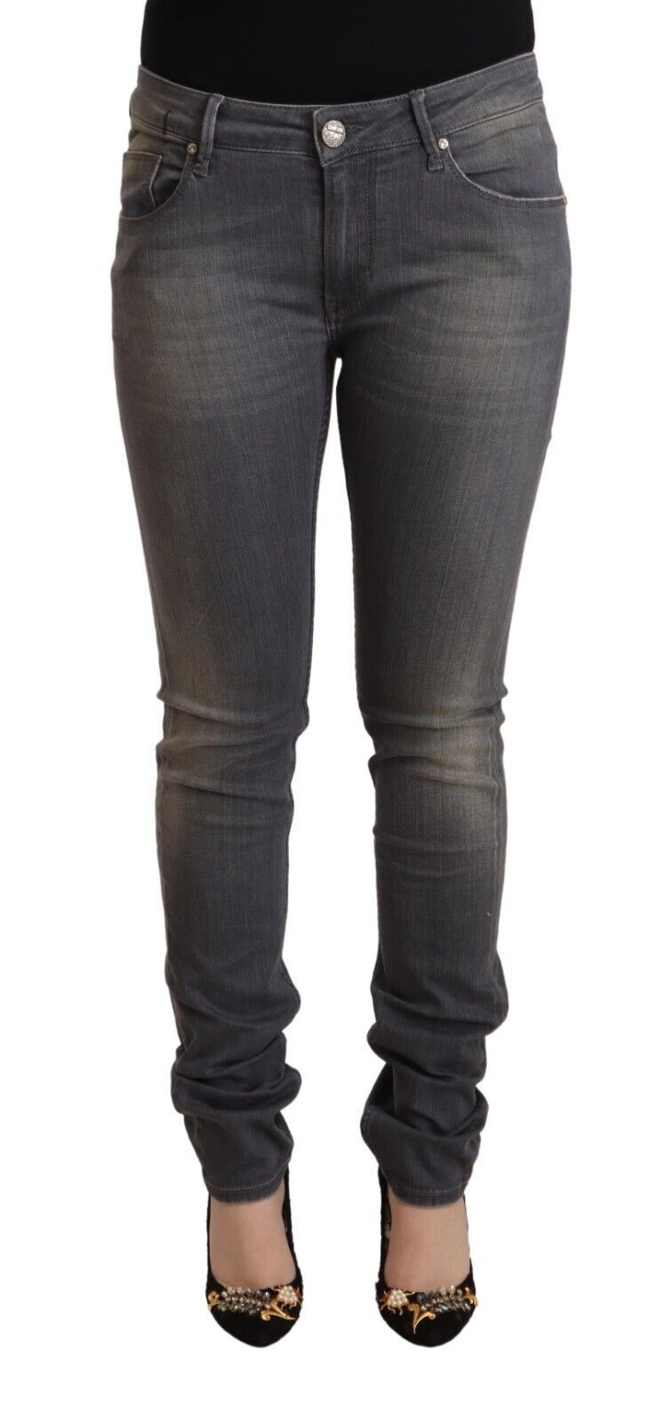 Acht Elegante dunkelgraue Skinny Jeans – Low Waist Reißverschluss