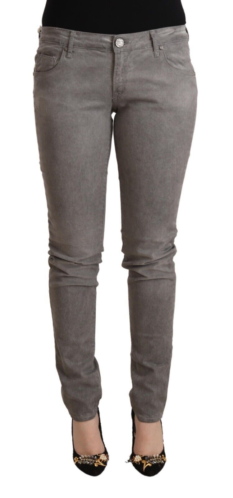 Acht Chic Graue Skinny-Jeans aus Baumwolle mit niedriger Taille