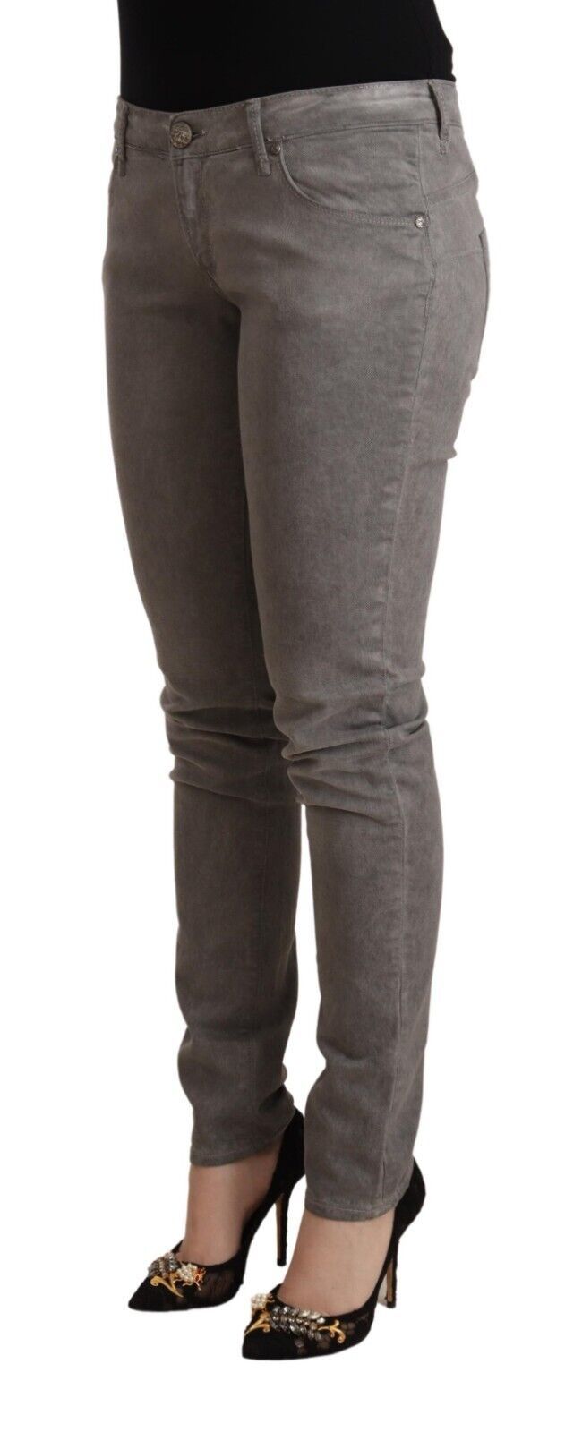 Acht Chic Graue Skinny-Jeans aus Baumwolle mit niedriger Taille