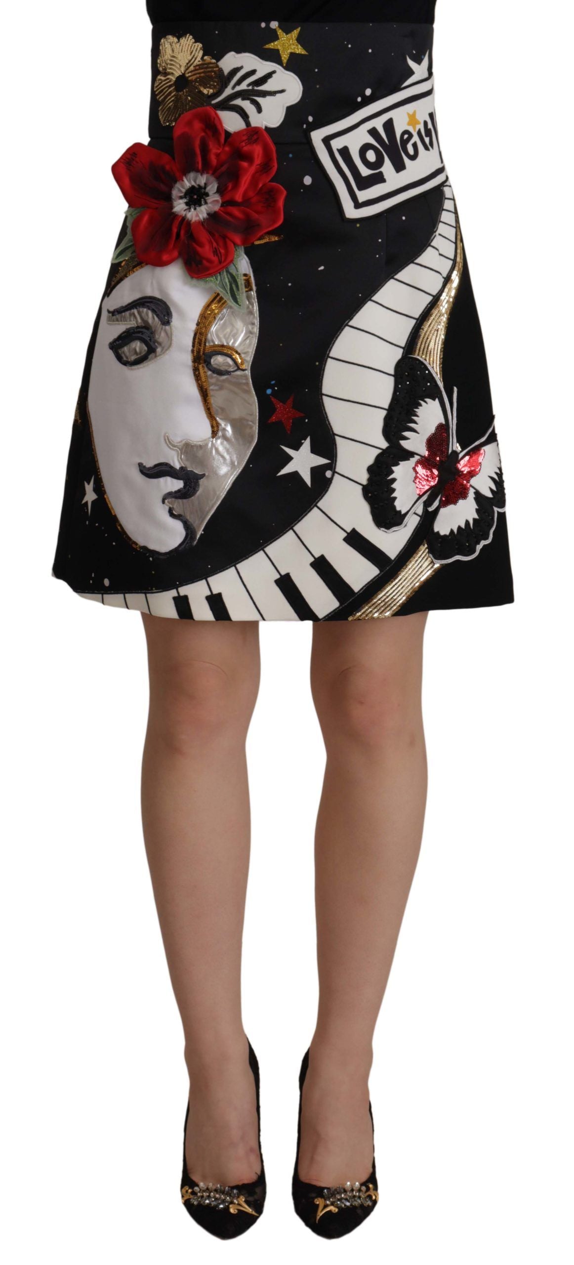 Dolce &amp; Gabbana – Verzierter schwarzer A-Linien-Rock mit hoher Taille