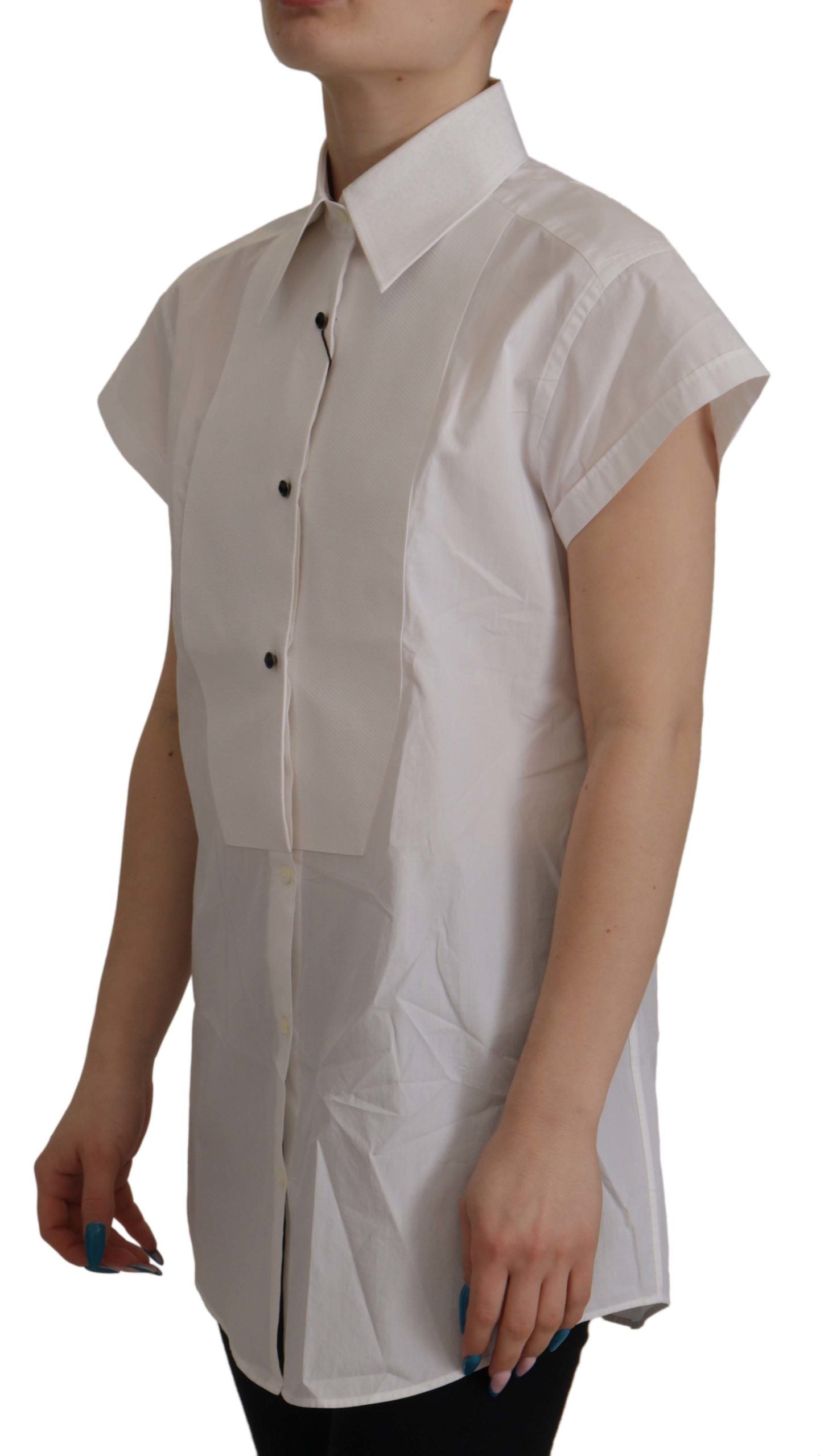 Dolce &amp; Gabbana Elegante ärmellose Smokingbluse mit Kristallknöpfen