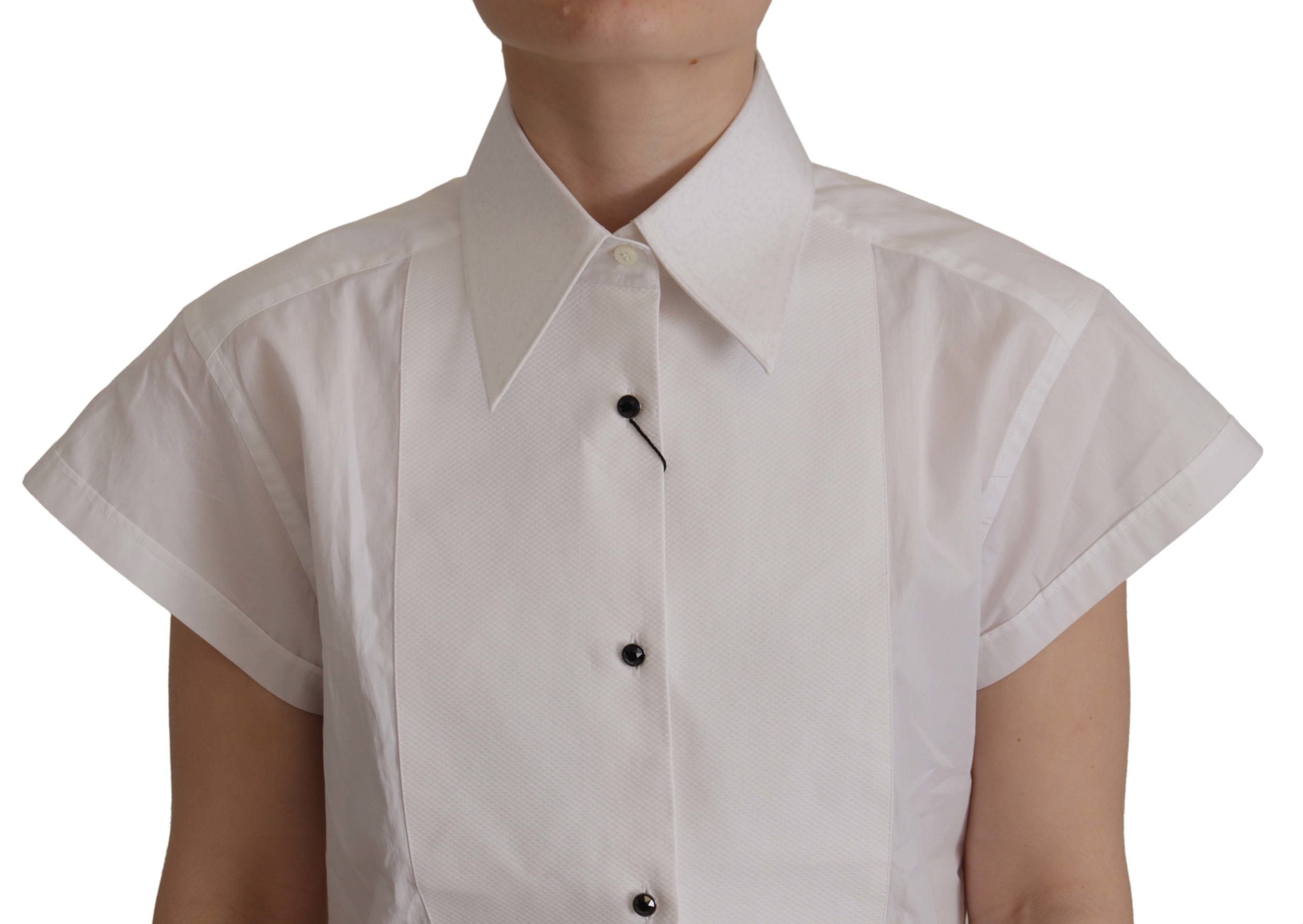 Dolce &amp; Gabbana Elegante ärmellose Smokingbluse mit Kristallknöpfen