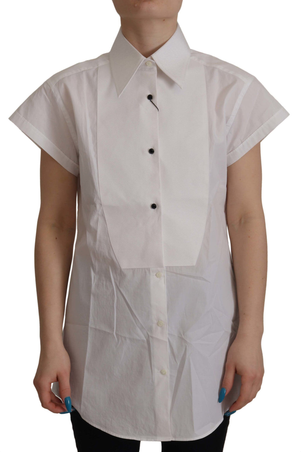 Dolce &amp; Gabbana Elegante ärmellose Smokingbluse mit Kristallknöpfen
