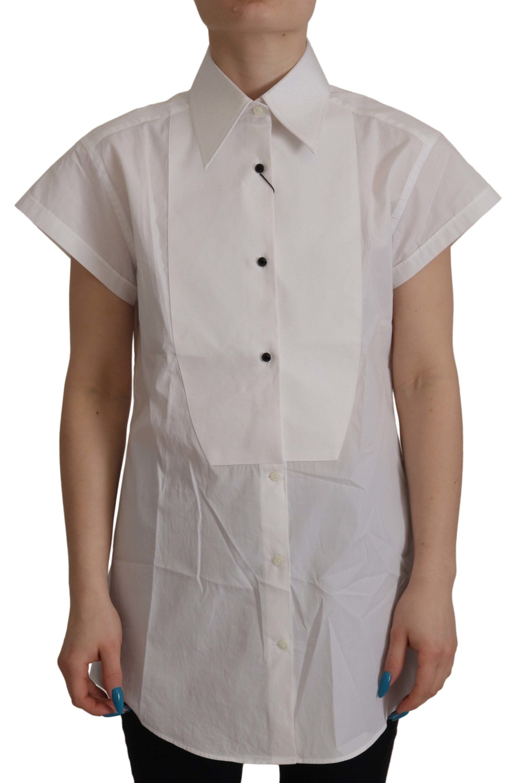 Dolce &amp; Gabbana Elegante ärmellose Smokingbluse mit Kristallknöpfen