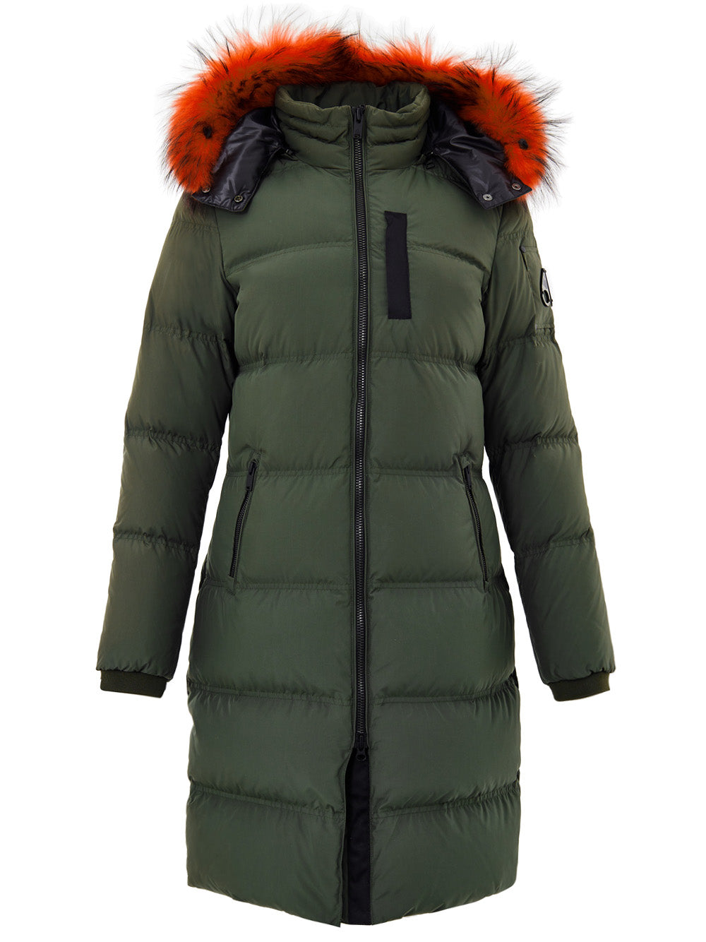 Moose Knuckles Long Green Padded Down Jacket with Hood