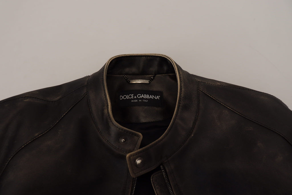 Dolce & Gabbana Black Leather Zipper Biker Coat Jacket