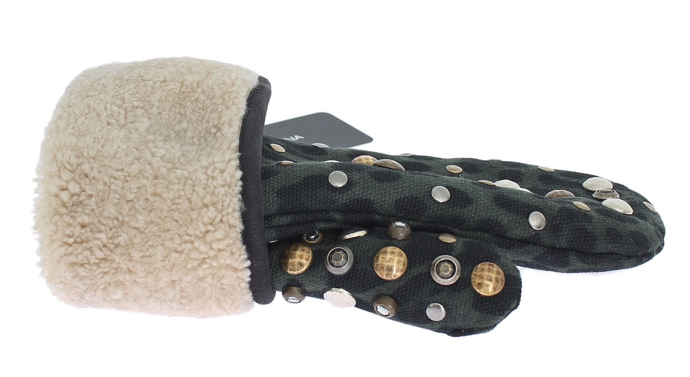 Dolce &amp; Gabbana – Elegante, mit Nieten besetzte, graue Lammfellhandschuhe aus Wolle