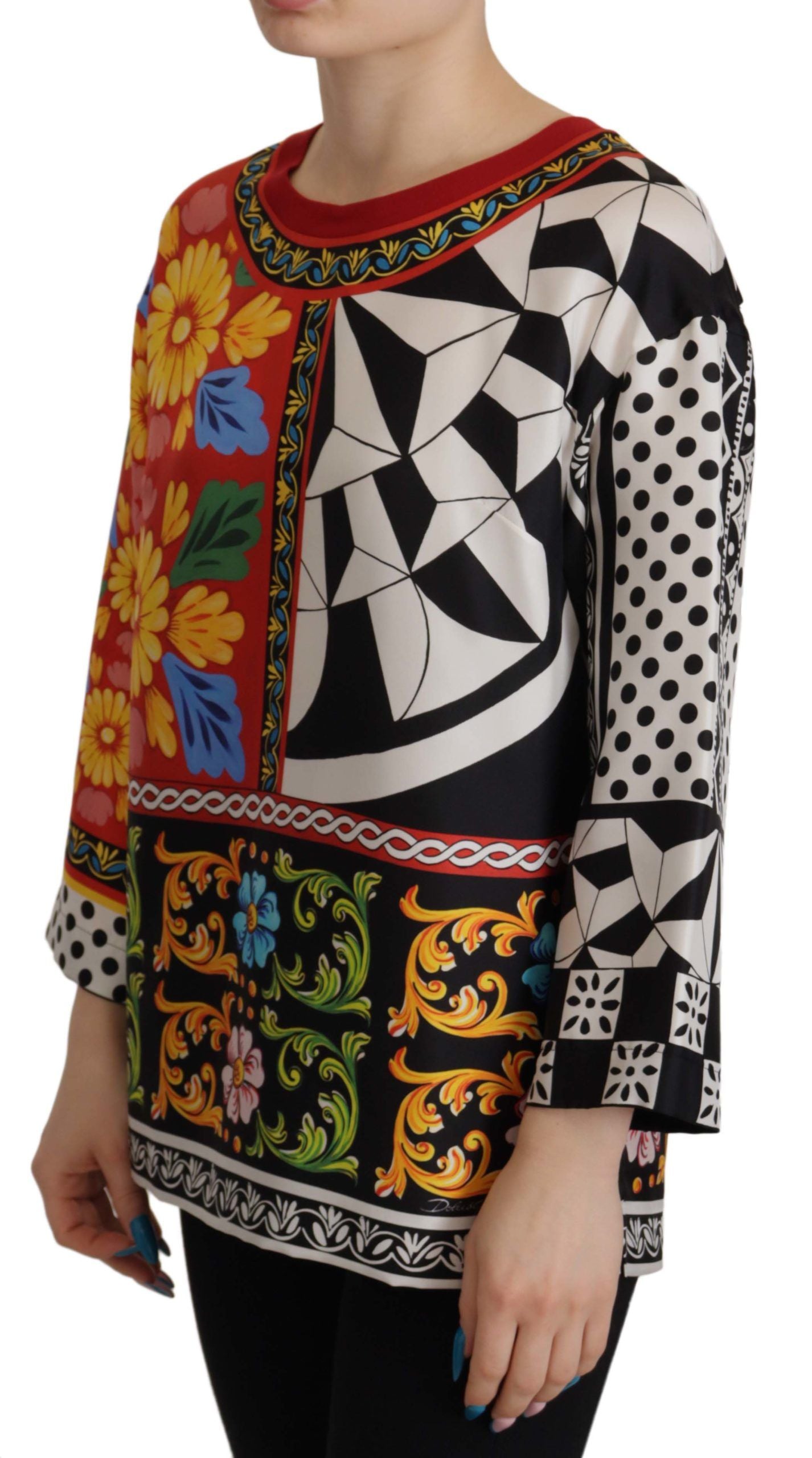 Dolce &amp; Gabbana Seidenbluse mit Rundhalsausschnitt und barockem Blumenmuster