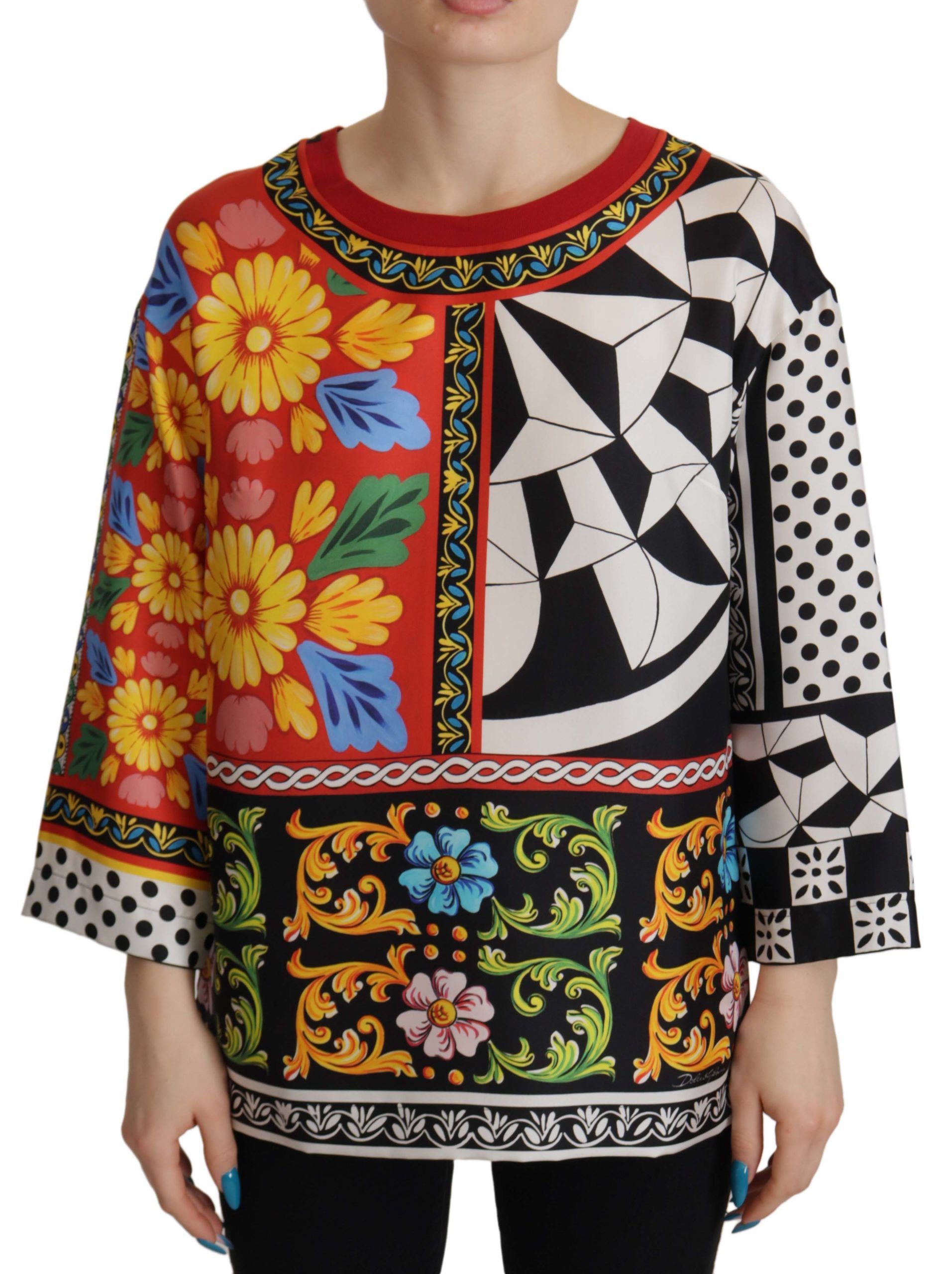 Dolce &amp; Gabbana Seidenbluse mit Rundhalsausschnitt und barockem Blumenmuster