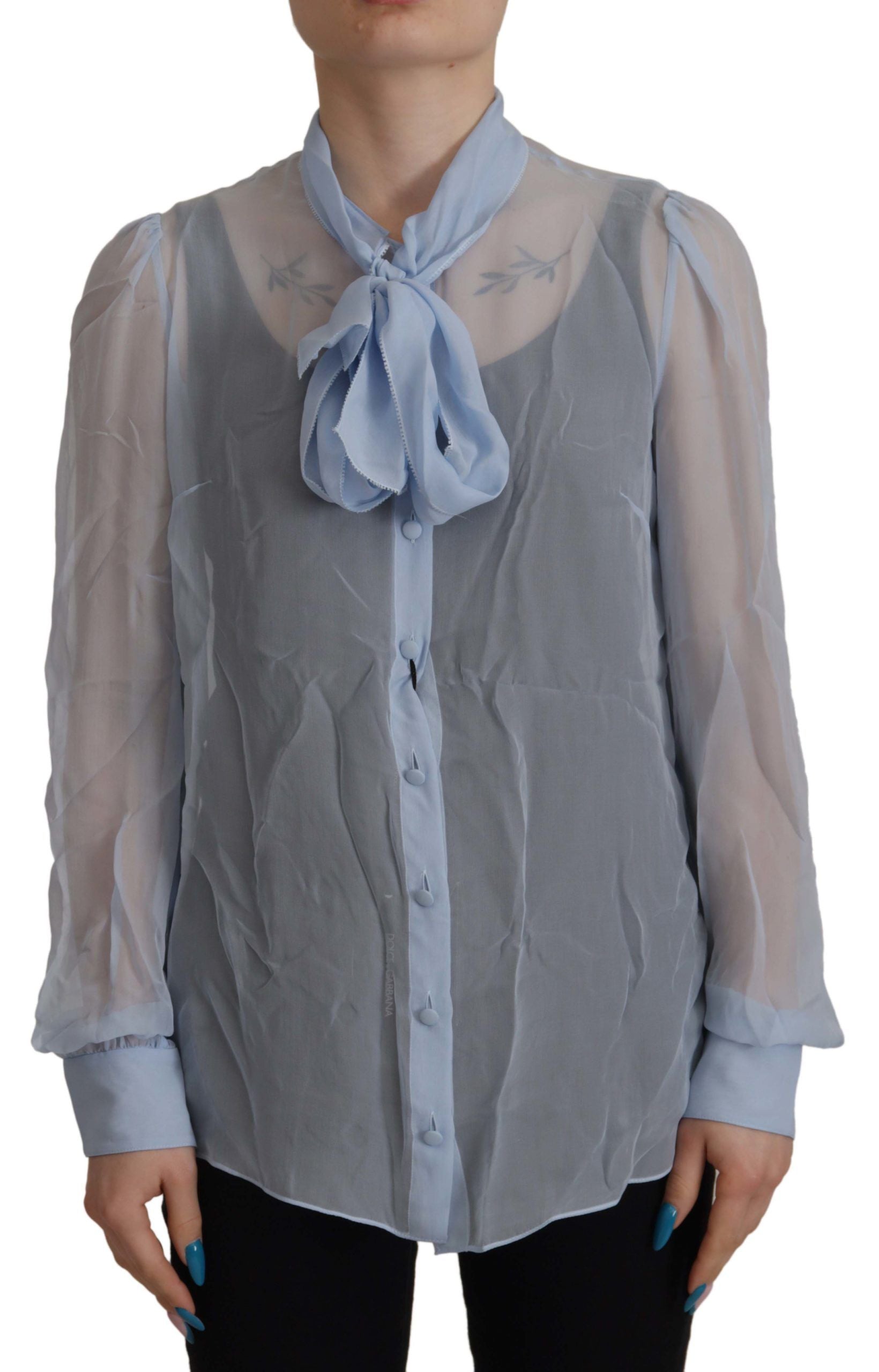 Dolce &amp; Gabbana – Elegante Seidenbluse mit Ascot-Kragen in Hellblau