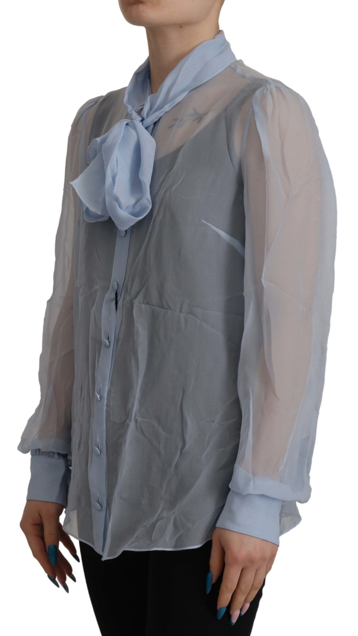 Dolce &amp; Gabbana – Elegante Seidenbluse mit Ascot-Kragen in Hellblau