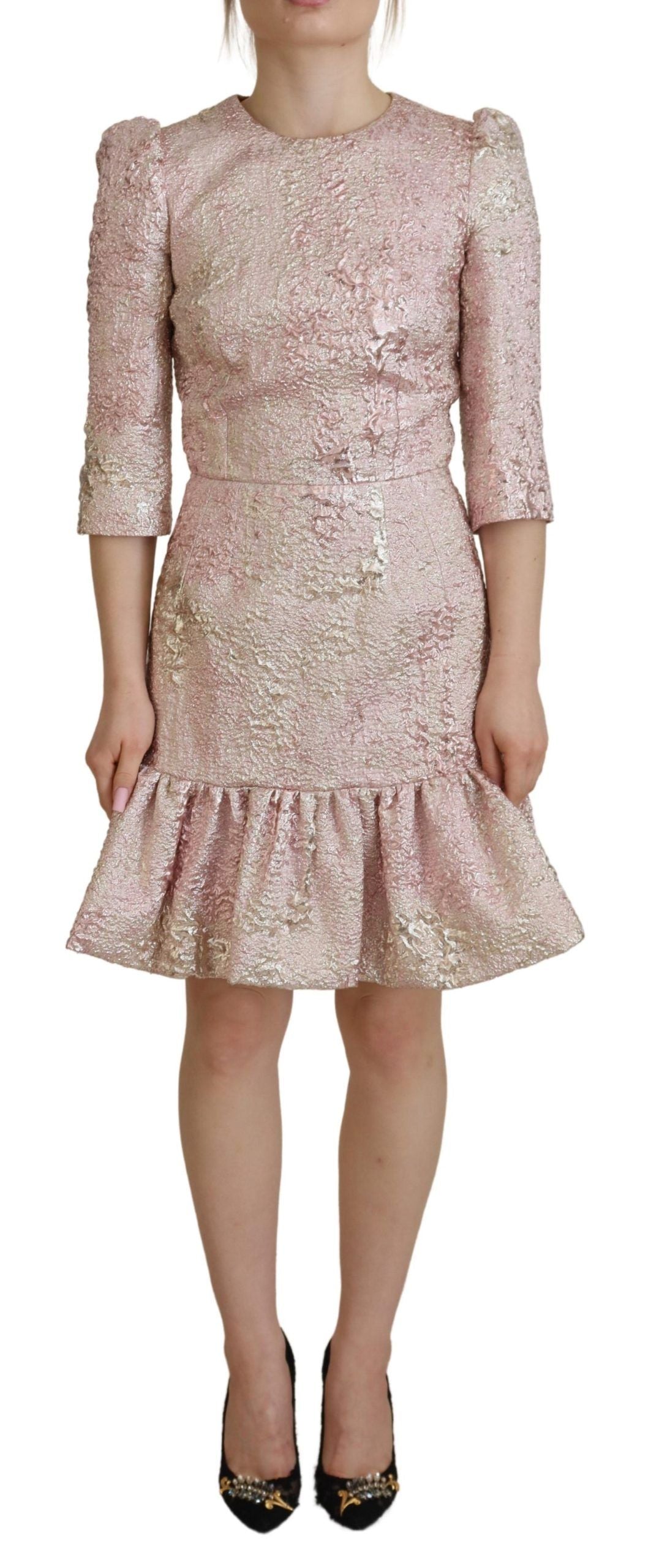 Dolce &amp; Gabbana – Rosa Jaquard-Midikleid mit 3/4-Ärmeln