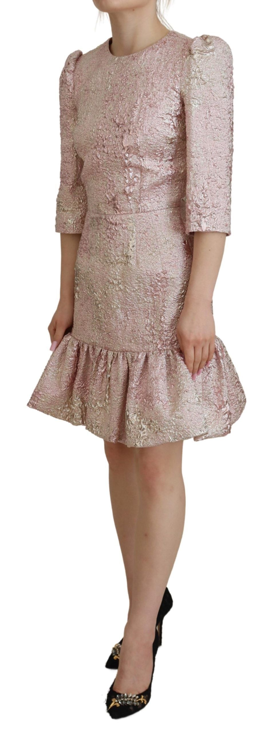 Dolce &amp; Gabbana – Rosa Jaquard-Midikleid mit 3/4-Ärmeln