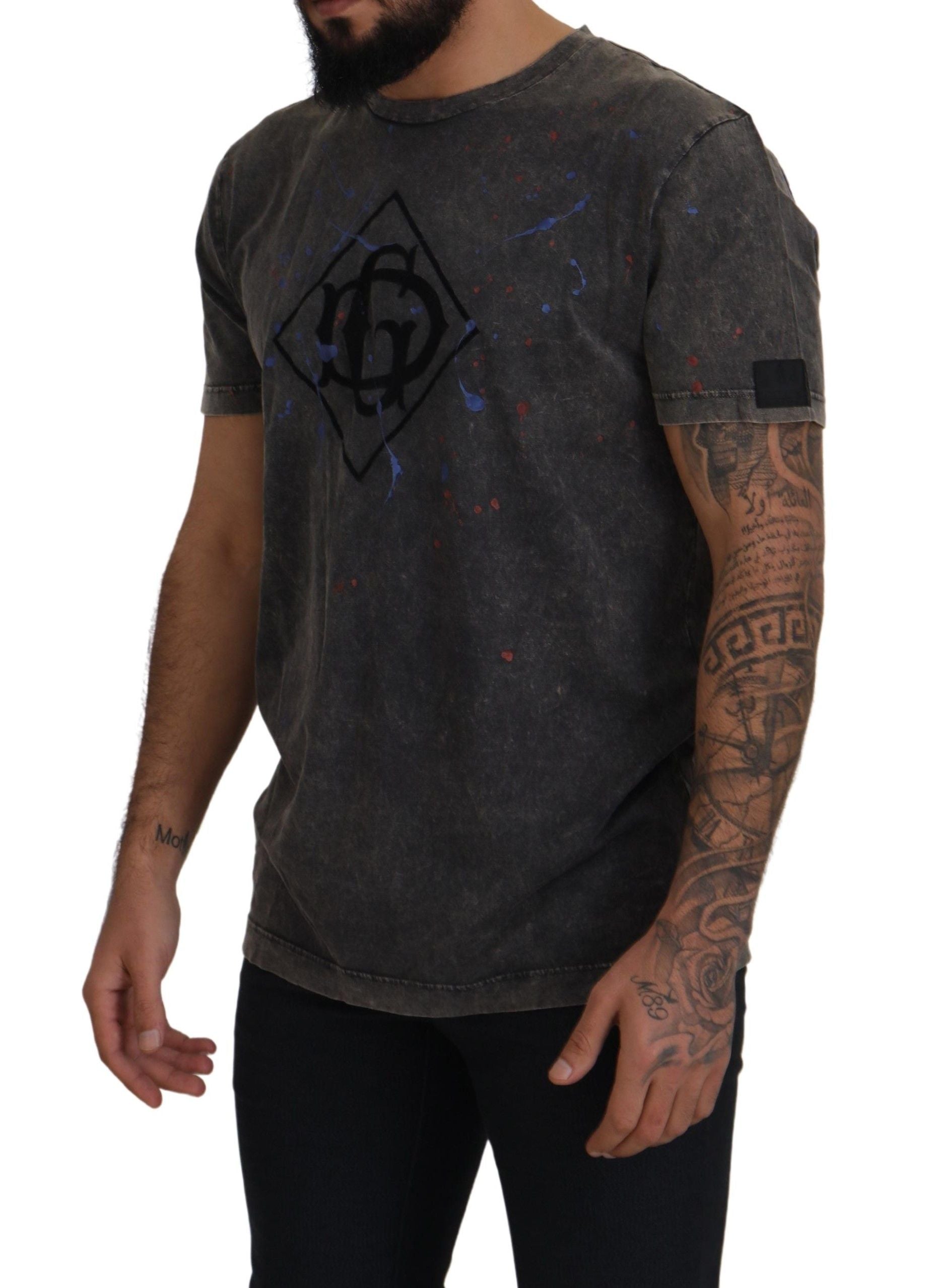 Dolce &amp; Gabbana – Elegance – Graues Baumwoll-T-Shirt mit verfärbtem DG-Logo