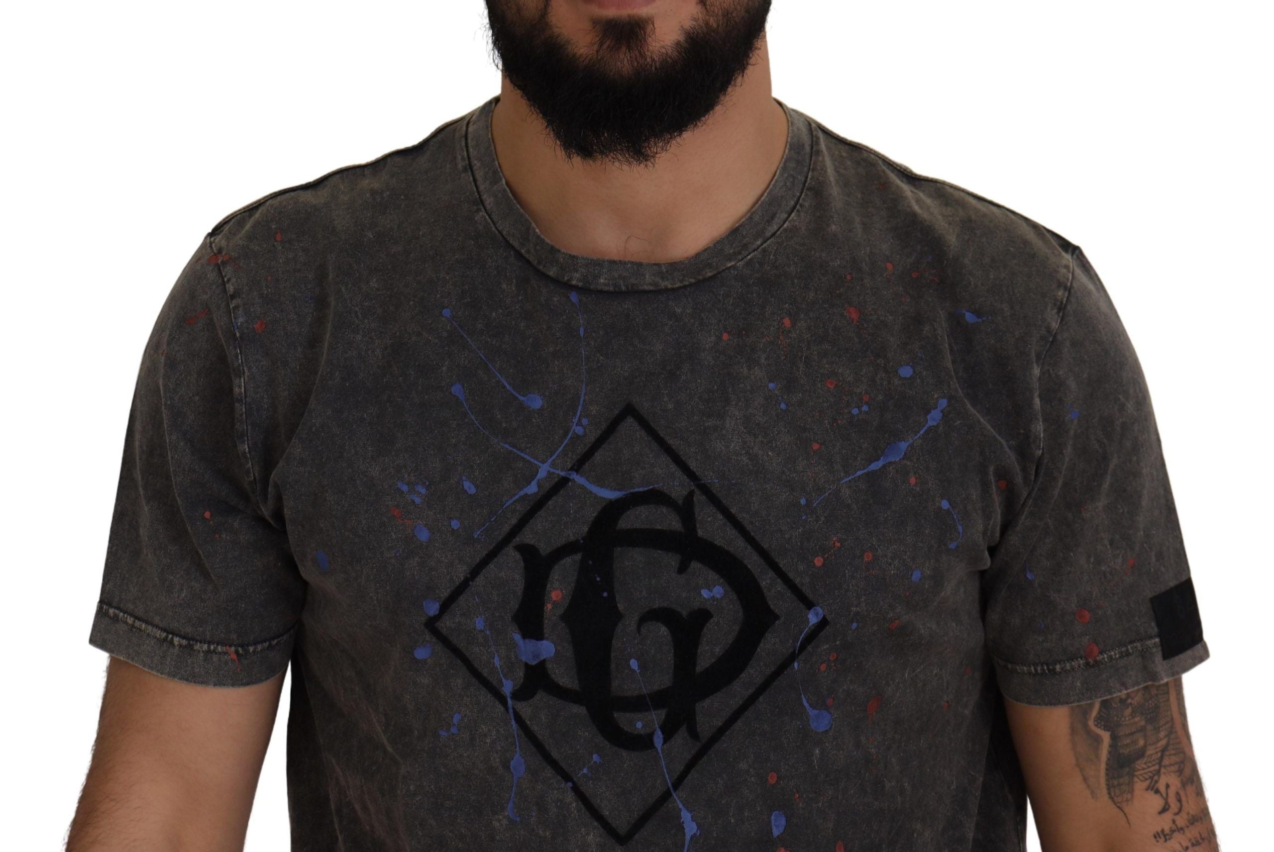 Dolce &amp; Gabbana – Elegance – Graues Baumwoll-T-Shirt mit verfärbtem DG-Logo