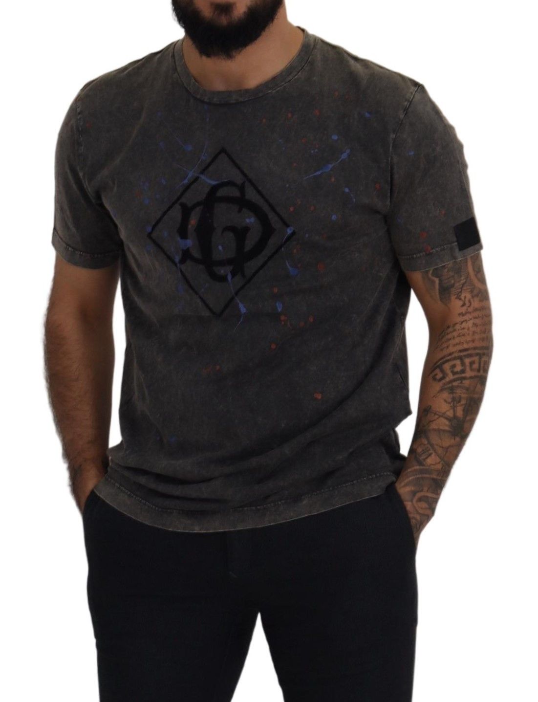 Dolce &amp; Gabbana – Elegance – Graues Baumwoll-T-Shirt mit verfärbtem DG-Logo
