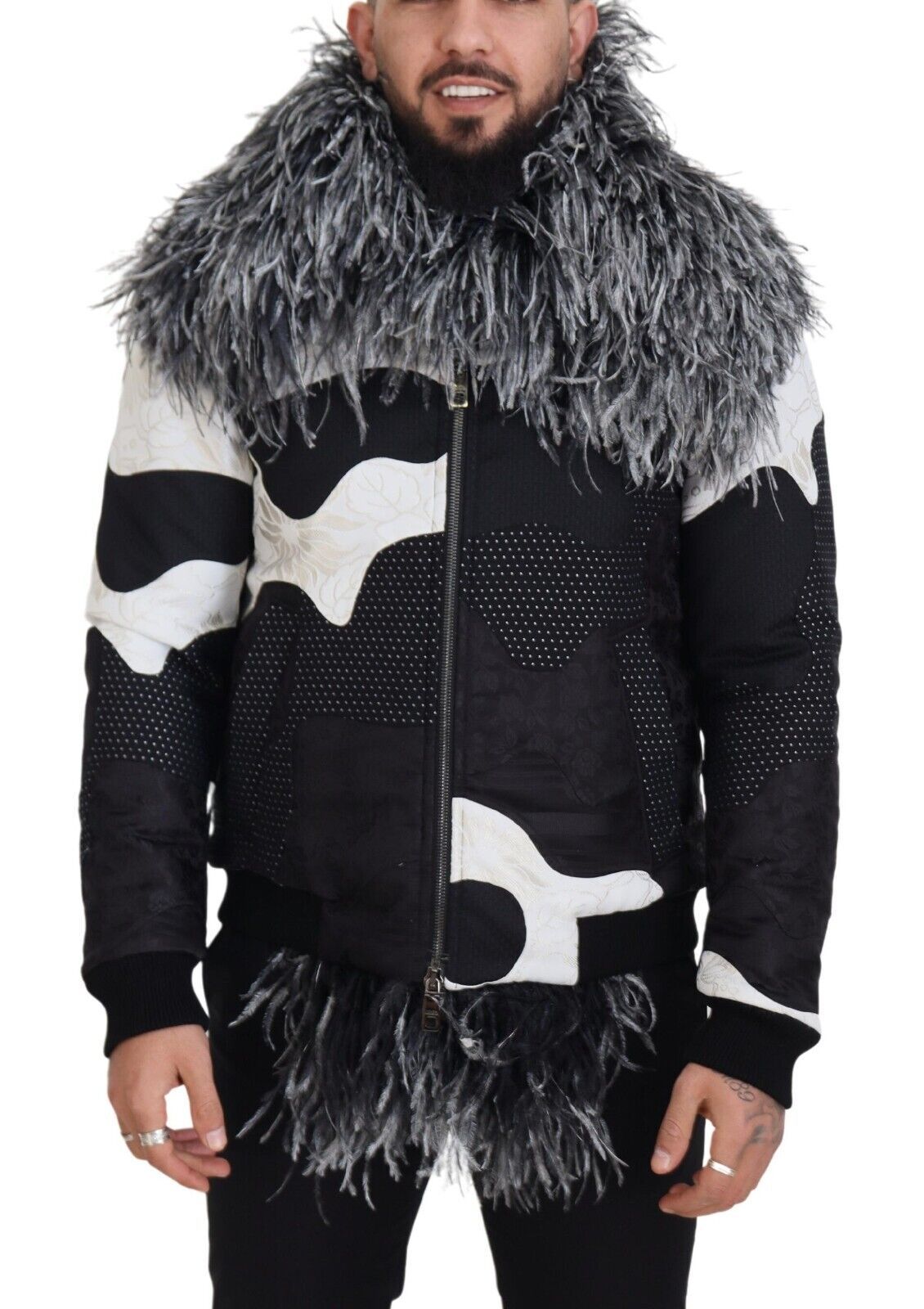 Dolce &amp; Gabbana – Elegante Shearling-Reißverschlussjacke in Schwarz und Weiß