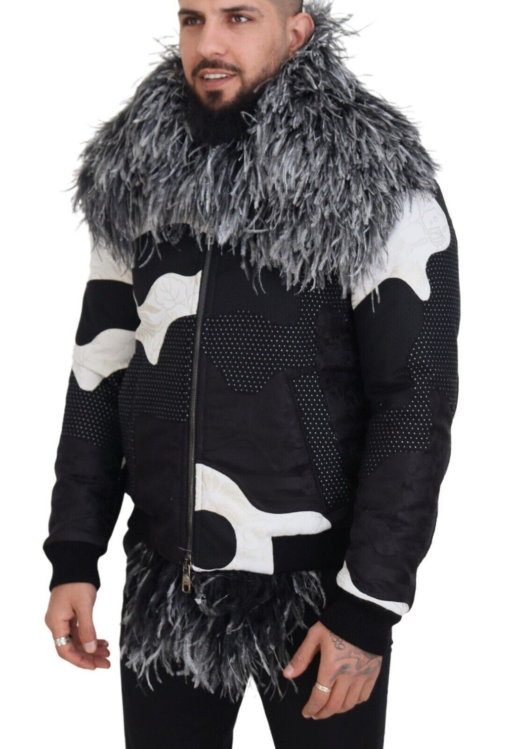 Dolce &amp; Gabbana – Elegante Shearling-Reißverschlussjacke in Schwarz und Weiß
