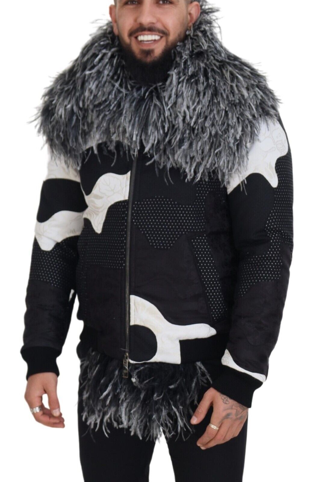 Dolce &amp; Gabbana – Elegante Shearling-Reißverschlussjacke in Schwarz und Weiß