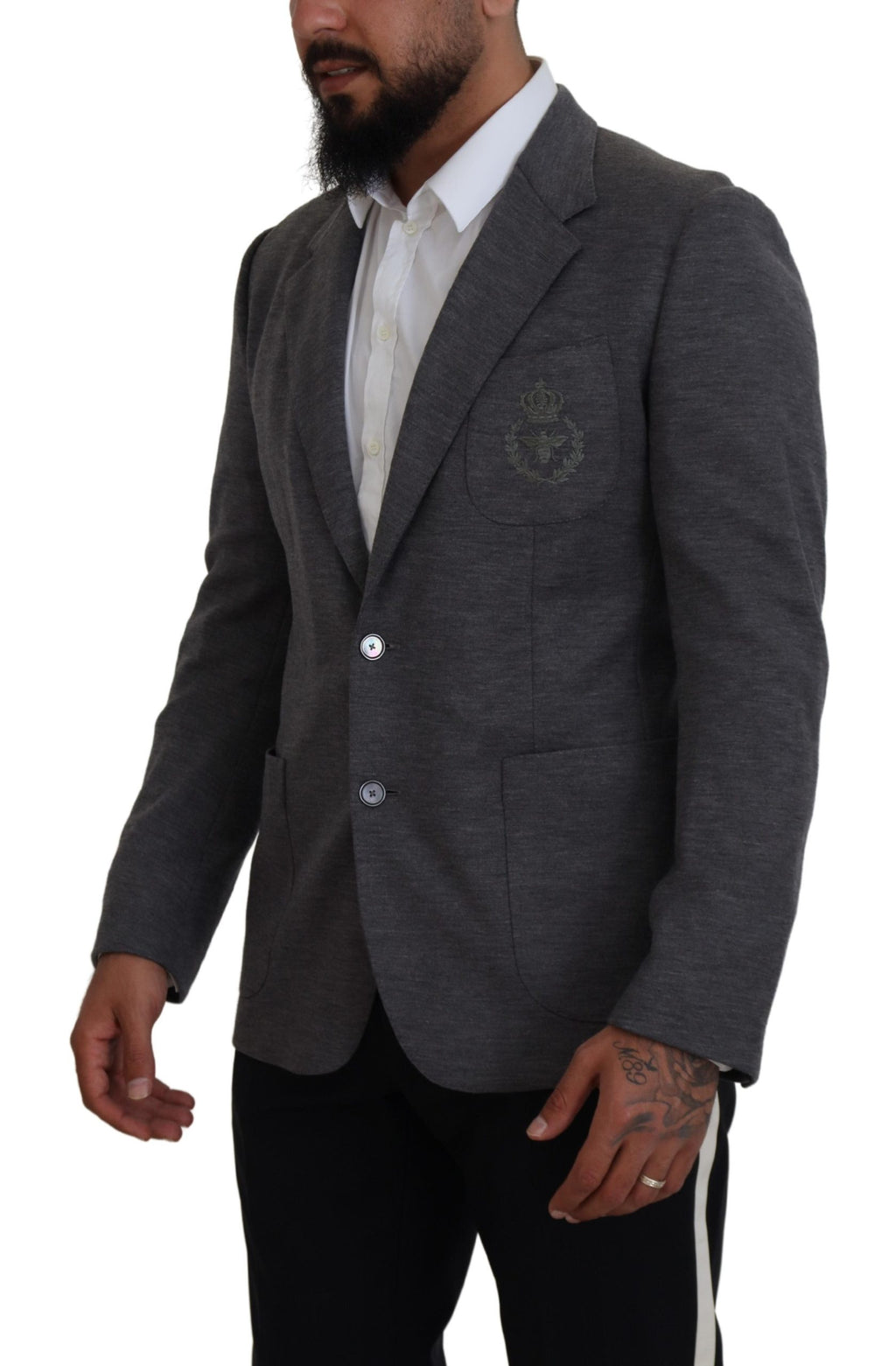 Dolce &amp; Gabbana Eleganter grauer Wollblazer mit Bienenkronenstickerei