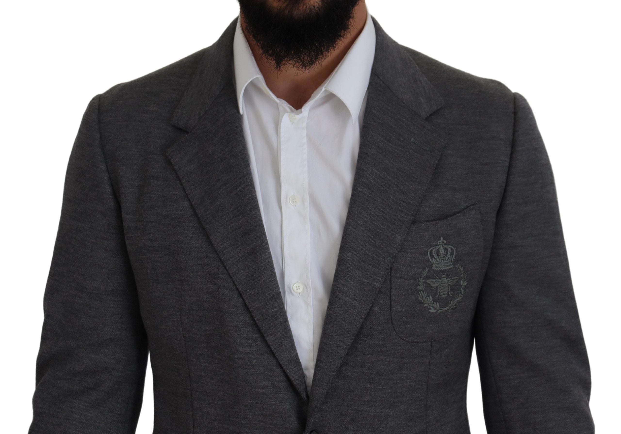Dolce &amp; Gabbana Eleganter grauer Wollblazer mit Bienenkronenstickerei