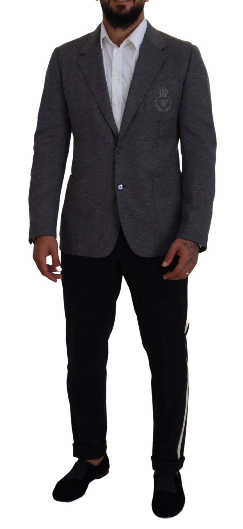 Dolce &amp; Gabbana Eleganter grauer Wollblazer mit Bienenkronenstickerei