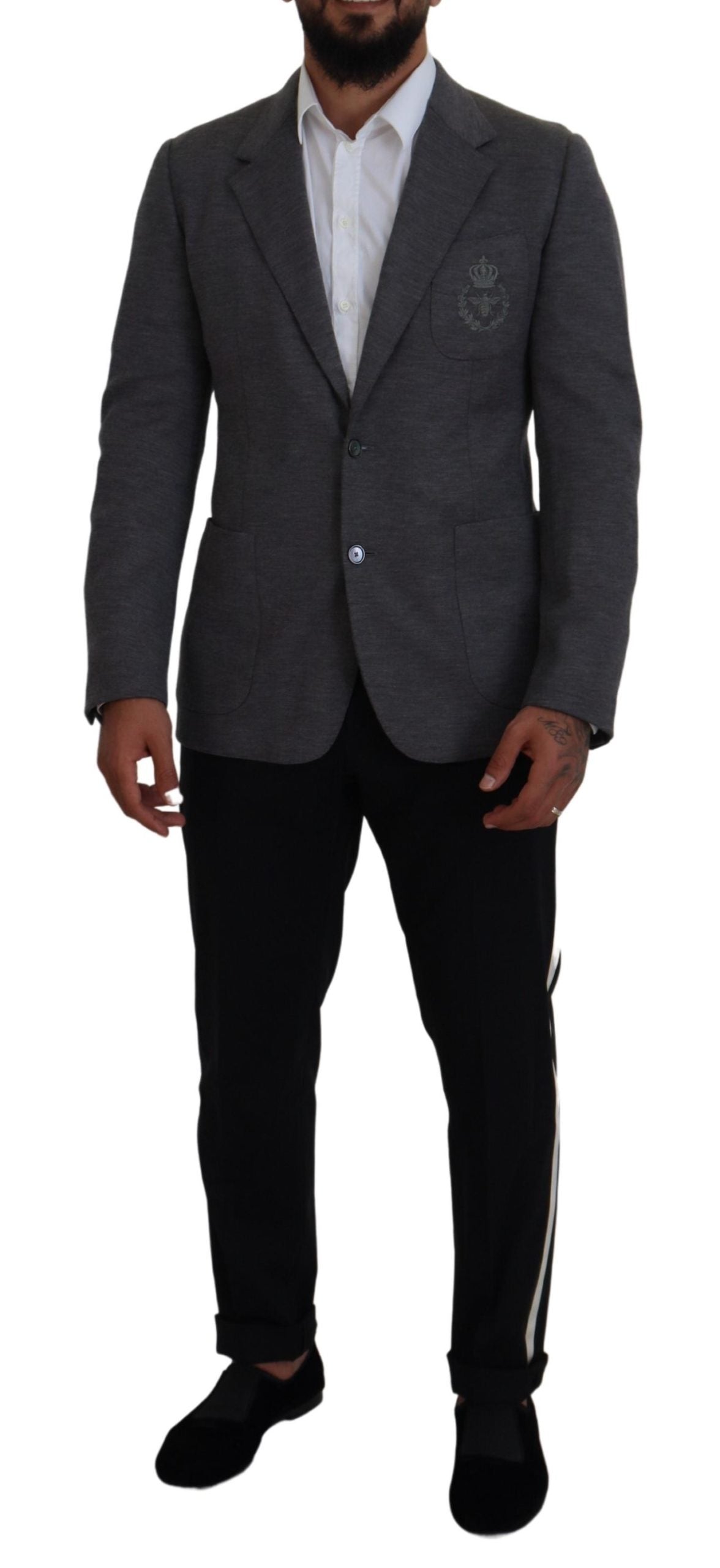 Dolce &amp; Gabbana Eleganter grauer Wollblazer mit Bienenkronenstickerei