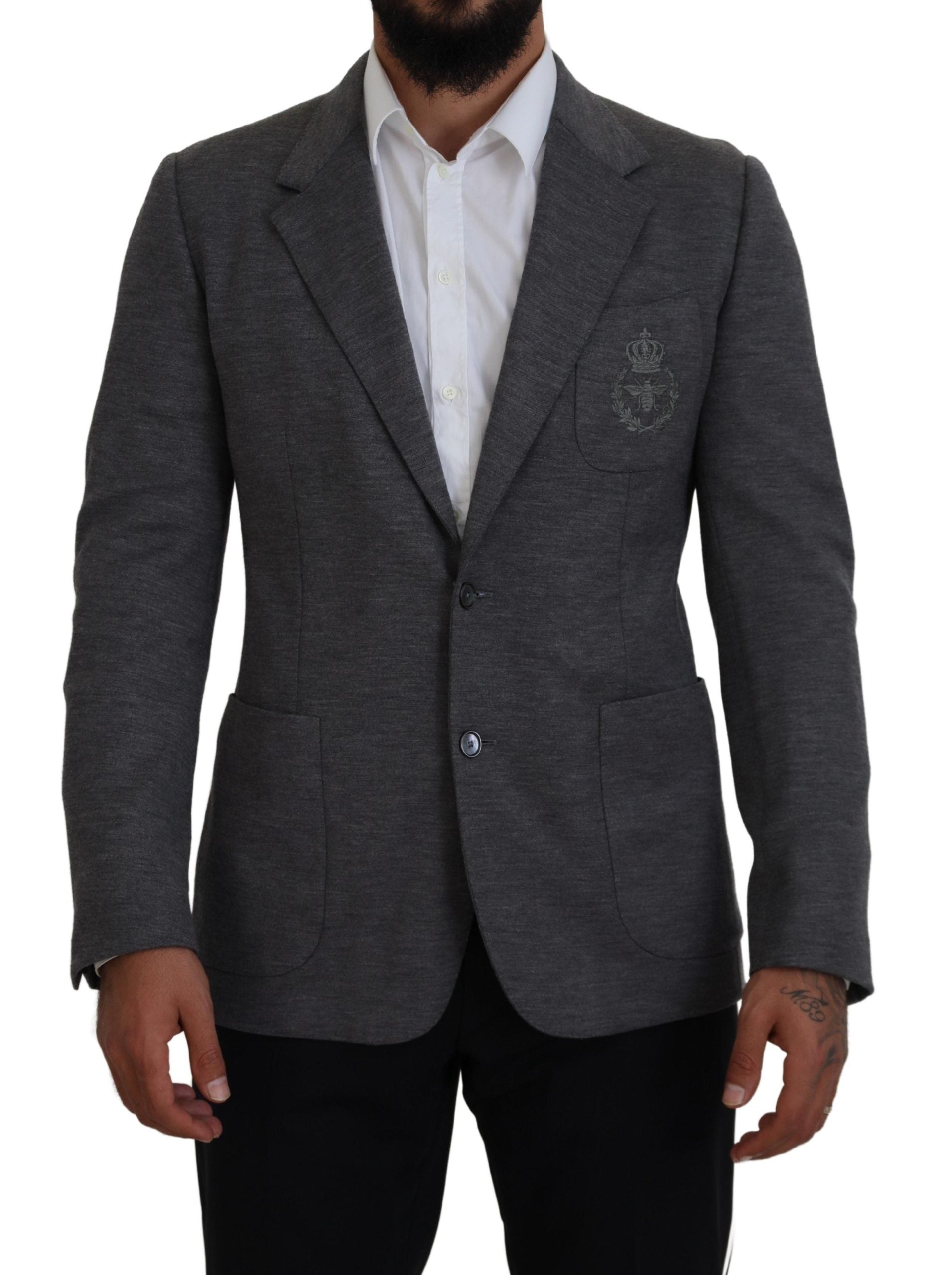 Dolce &amp; Gabbana Eleganter grauer Wollblazer mit Bienenkronenstickerei