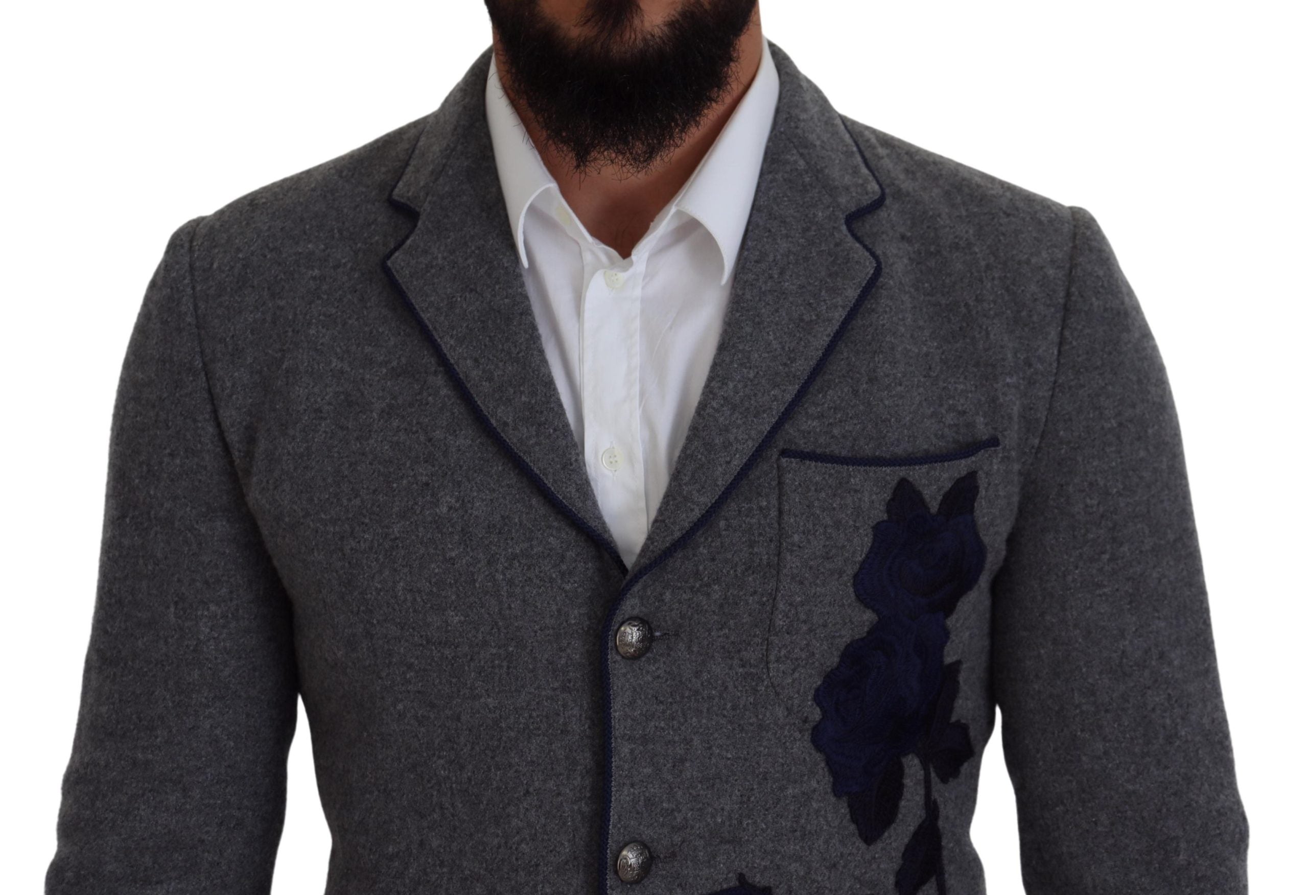 Dolce &amp; Gabbana Eleganter grauer Wollblazer mit blauer Rosenstickerei