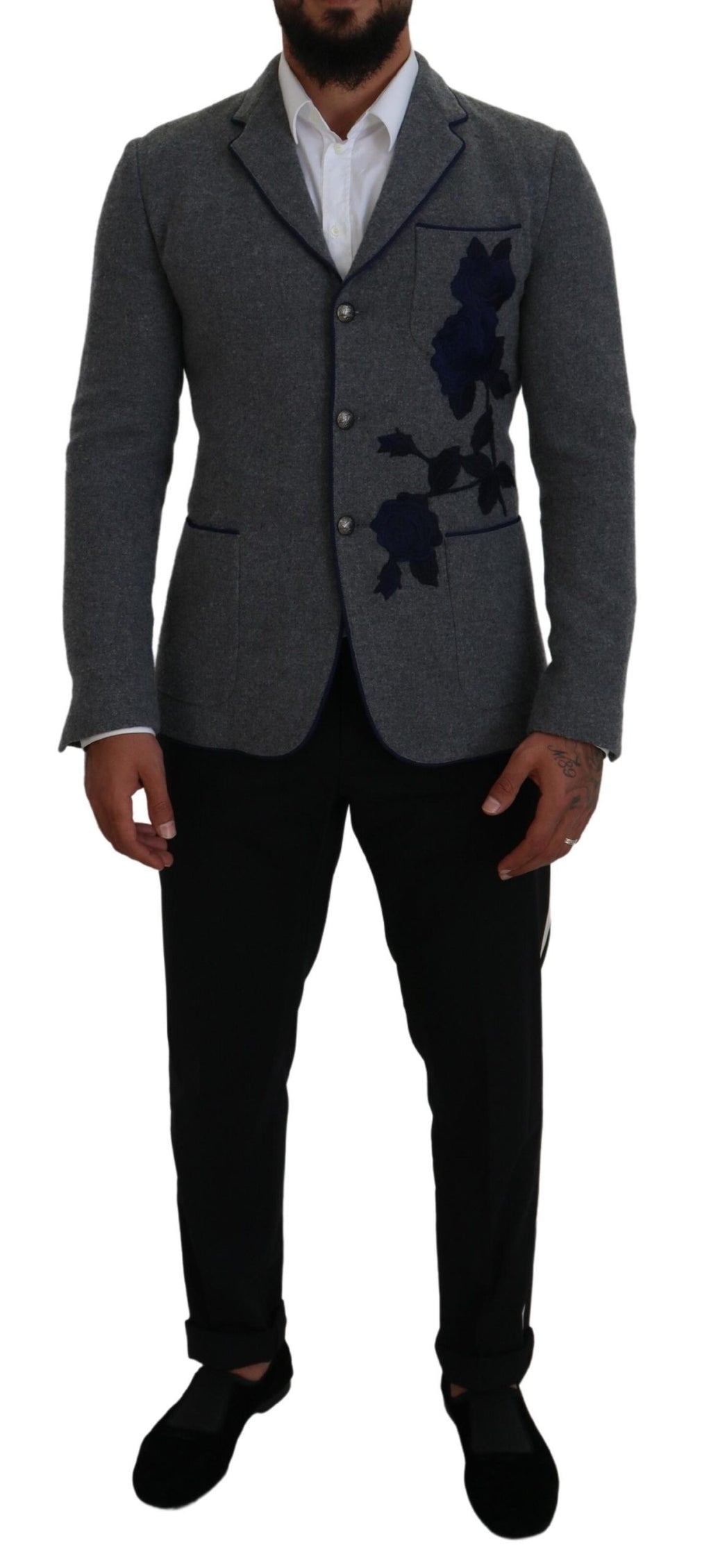 Dolce &amp; Gabbana Eleganter grauer Wollblazer mit blauer Rosenstickerei